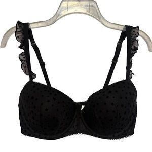 Victoria's Secret Black Star Mesh Balconette Bra with Ruffle Straps